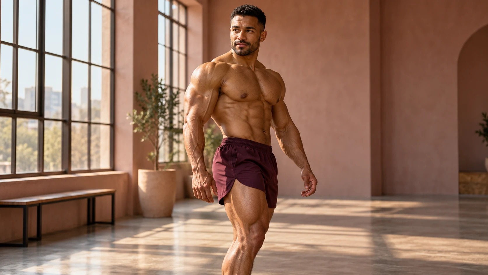 Fictional adult male bodybuilder in a gym, an original fitness illustration for Posing Post